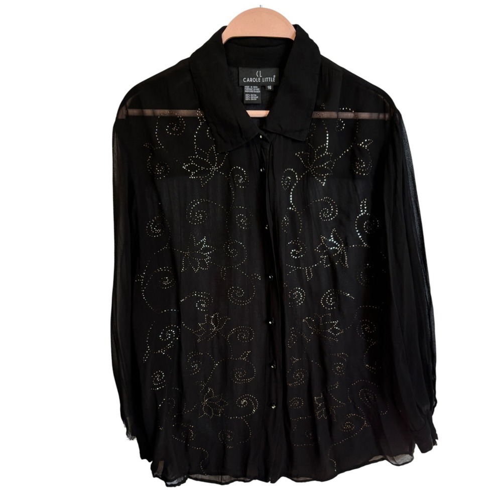 Vtg Carole Little Blouse Sz 16 Black Sheer Beaded Button Front Whimsigoth Flaw